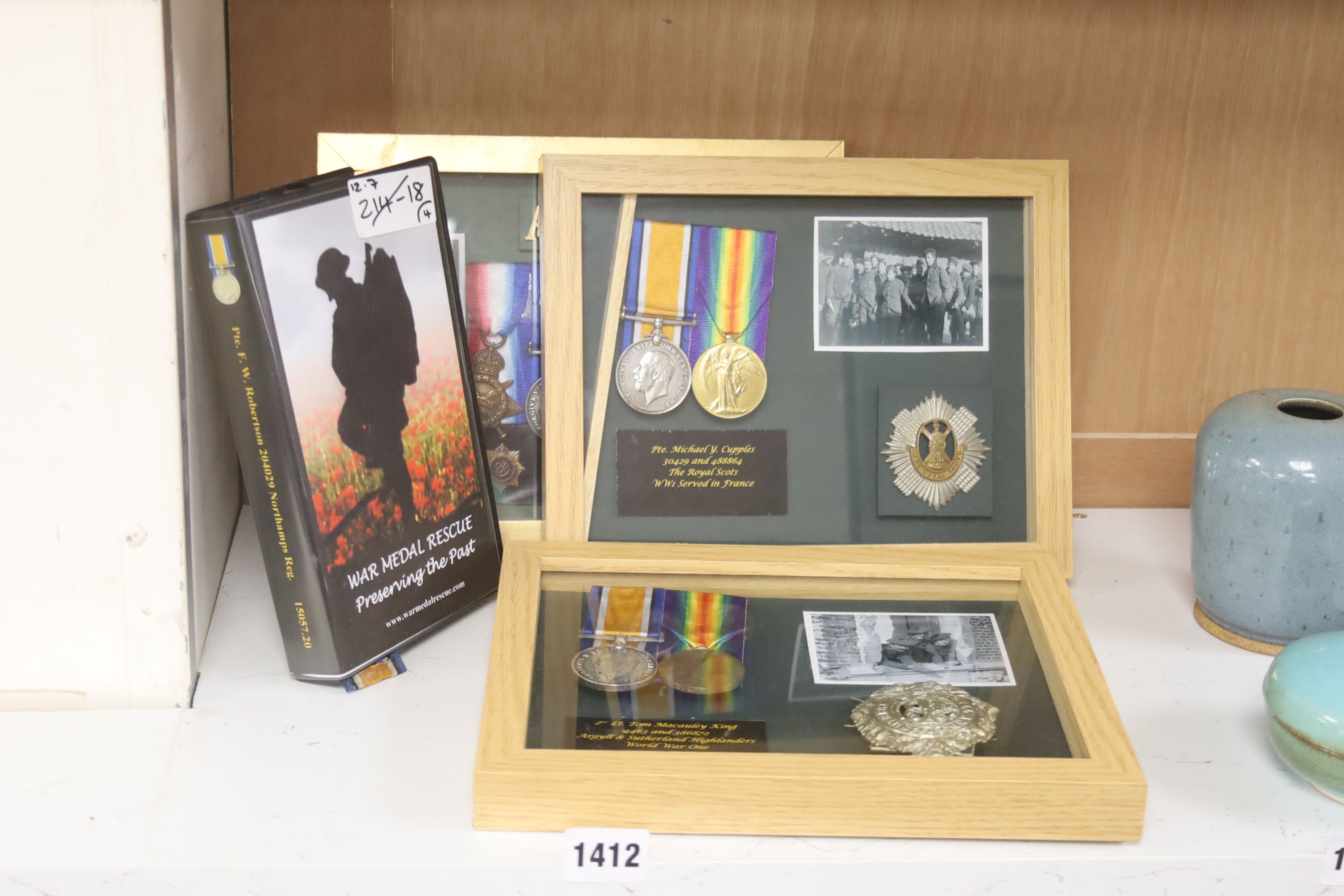 Three framed WW1 medal groups